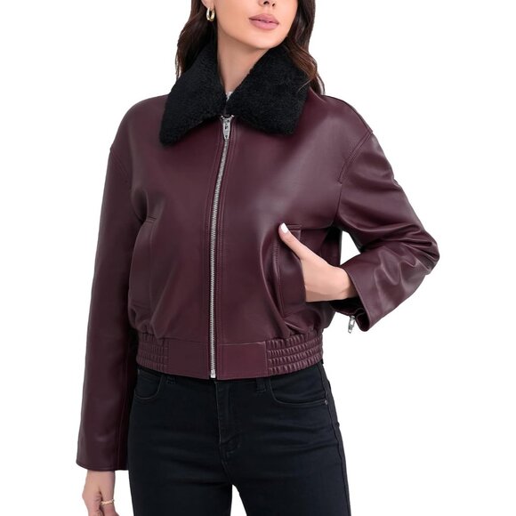 Womens Burgundy Leather Cropped Lambskin Bomber Jacket Zip Front Sherpa Collar - Picture 1 of 6